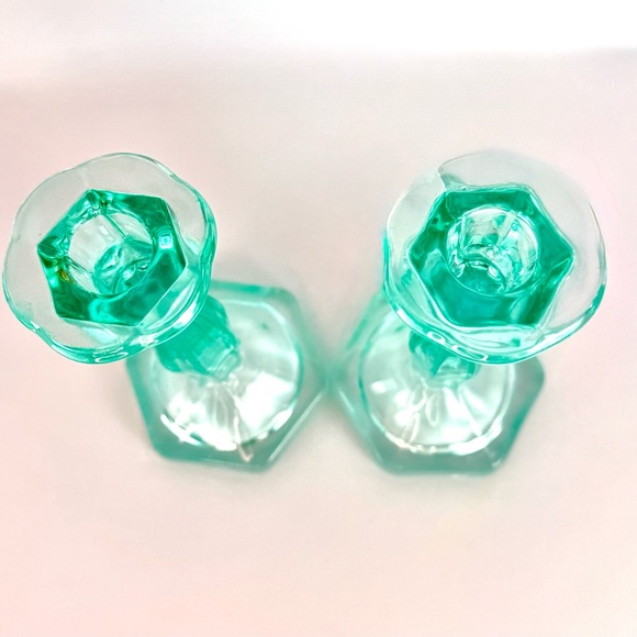 Vintage Set Of 2 Aqua Blue  Art Deco Glass Candlesticks Holders. Mid-Century Mod - Picture 5 of 13